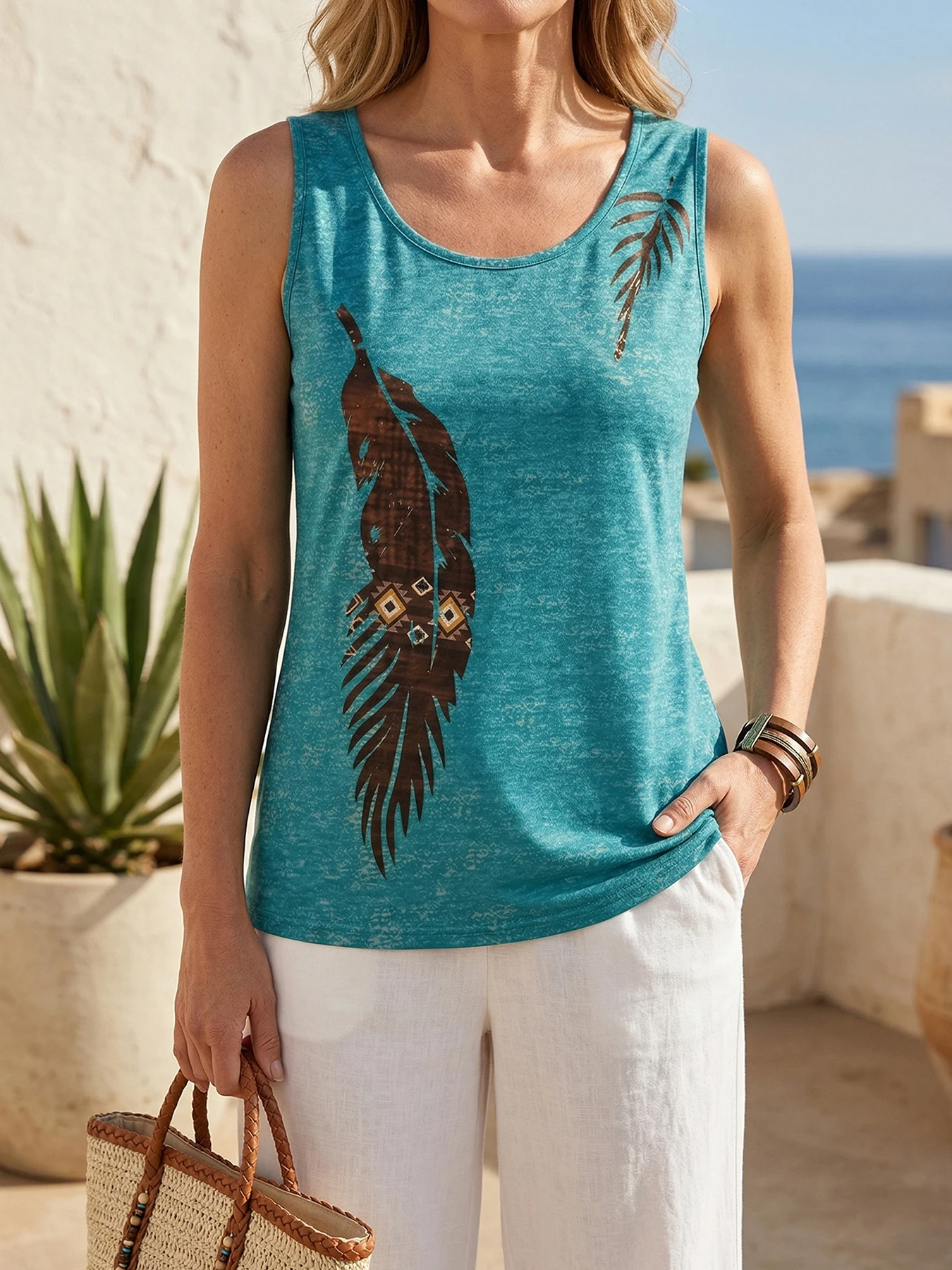 Ladies' vests Western ethnic printed casual sleeveless T-shirt women's retro loose vest