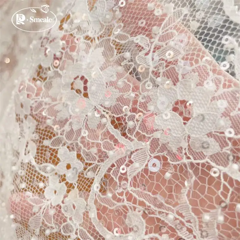 3 Yards. Perlen, Glitzer-Pailletten, Wimpern-Spitzenstoff. Hochwertige Maßanfertigung für Braut- und Hochzeitskleider. Luxuriöse französische Spitze für Abendkleider. – Detail 3