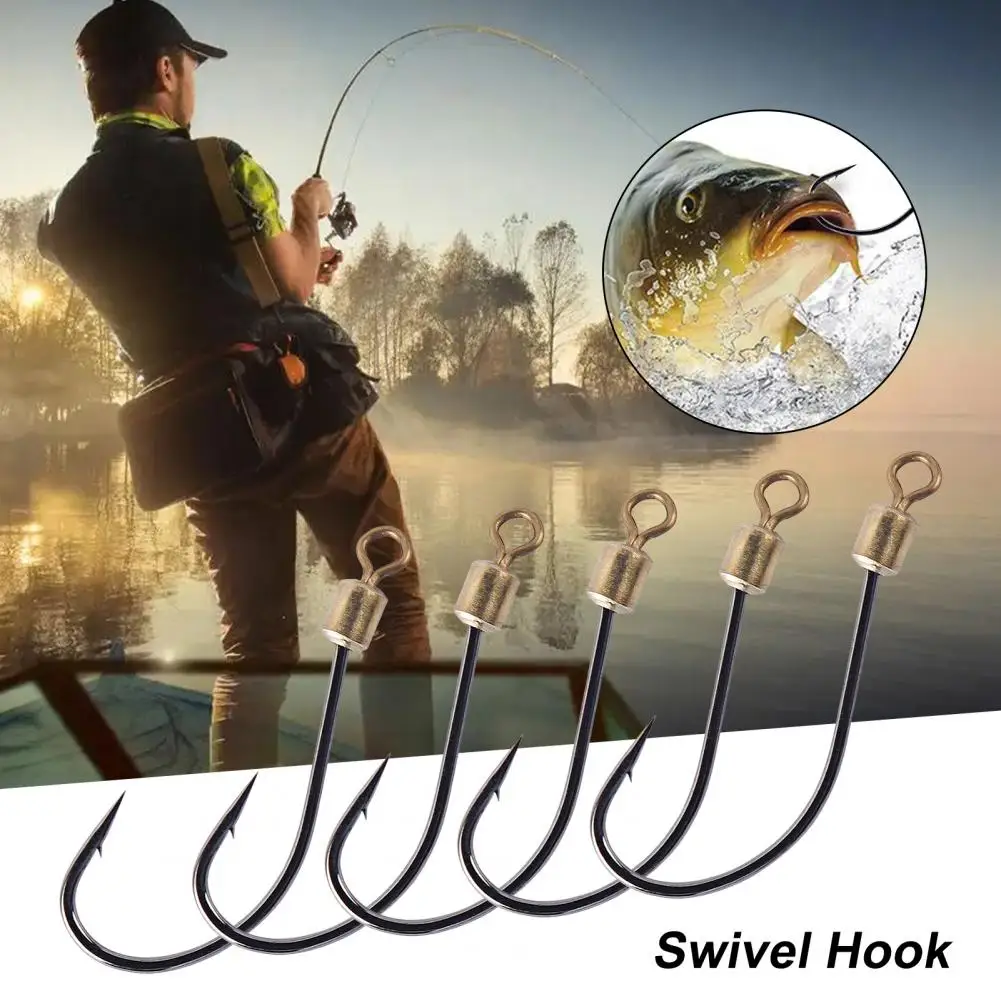 5Pcs/Bag 6-16 Fishing Hooks with Swivel Rotating Sharp Barb Stainless Steel Fishing Fishhooks Silver Carp Barbed Hooks Fishhooks