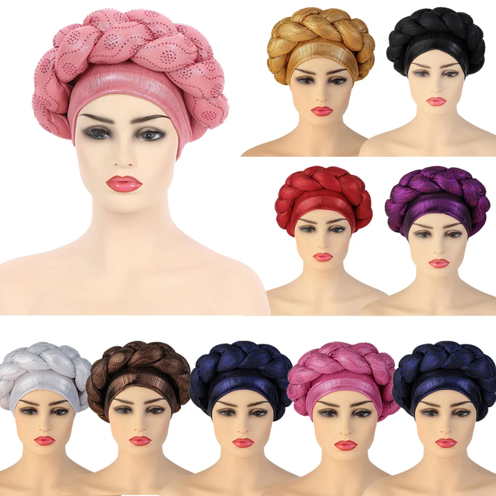 

Latest Aso Oke Auto Gele Headtie Women Turban Cap with Braids Muslim Head Scarf Bonnet Ladies Head Wraps Diamonds Turbante Mujer