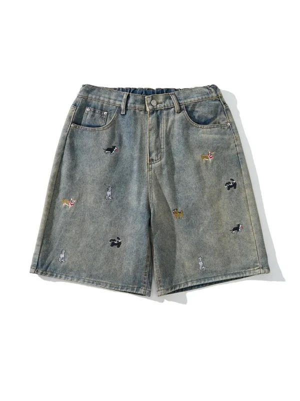 

Ретро-шорты из легкого денима с вышивкой, свободного кроя, для мужчин, летние, повседневные, молодежные, модные, брендовые, парные, укороченные брюки-бермуды