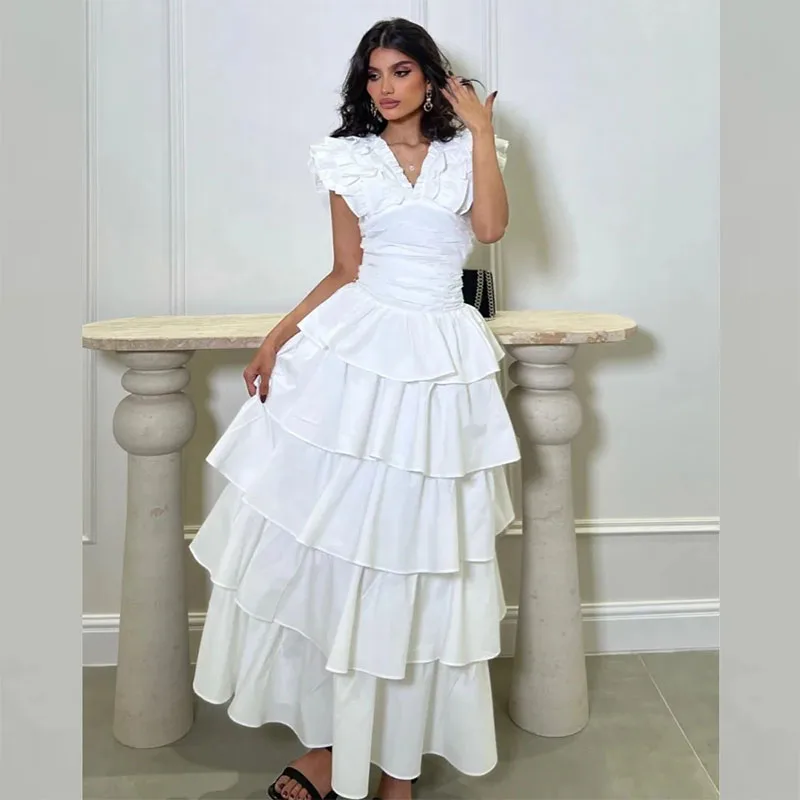 

Elegant A-line V-Neck Evening Dress Chiffon Draped Tiered Ruched Prom Dress Saudi Arabia Bespoke Occasion Gown Midi Dresses