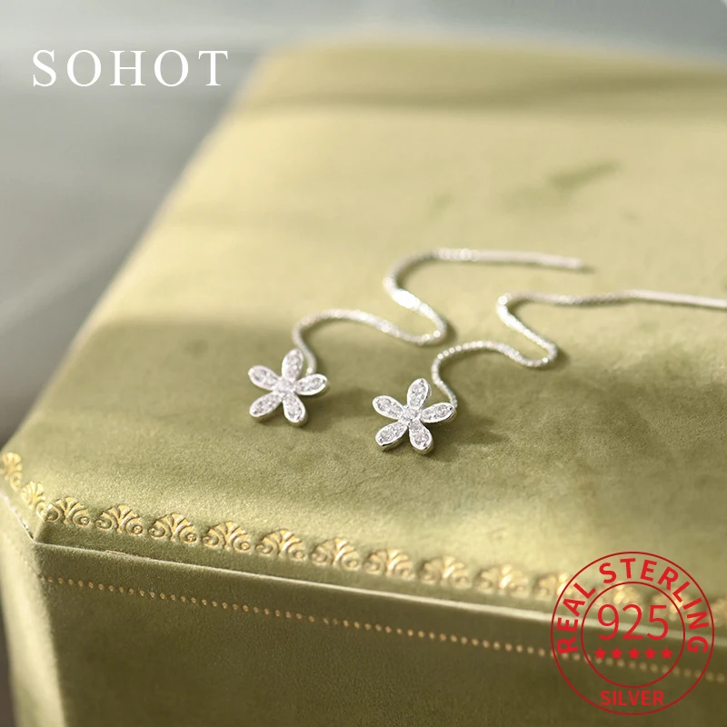 

Real 925 Sterling Silver Flower Tassels Chain Mini Stud Earrings for Elegant Women Cute Fine Jewelry Light Luxury Accessories