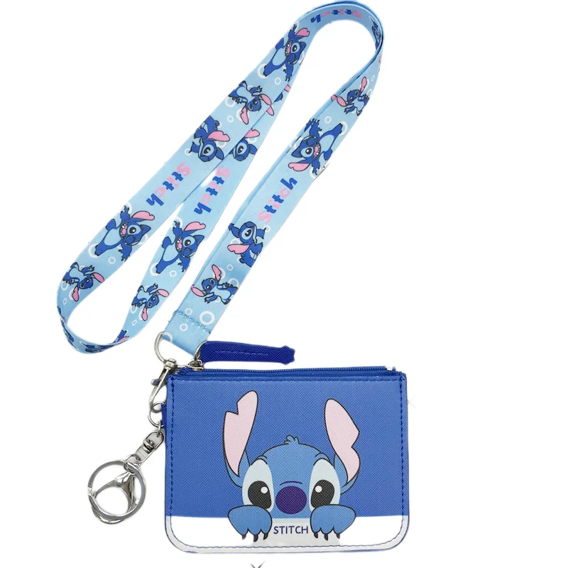 Disney Cartoon Coin Purse Cute Stitch Hanging Neck Long Rope Card Coin Storage Bag Mini PU Anti-lost Child Wallet Child Gift