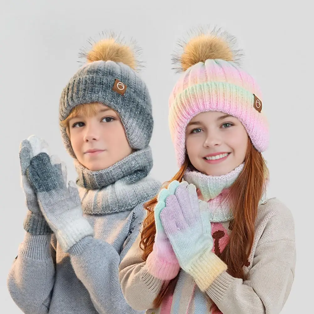 3Pcs/Set Winter Knitted Scarf Gloves Set Pom Pom Ball Rainbow Color Brimless Hat Touchscreen Gloves Neck Warmer Cold Weather