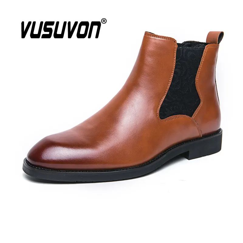 Men Chelsea Boots Winter Split Leather Size 38-46 Slip-On Formal Dress Flat Model Fashion Black Shoes