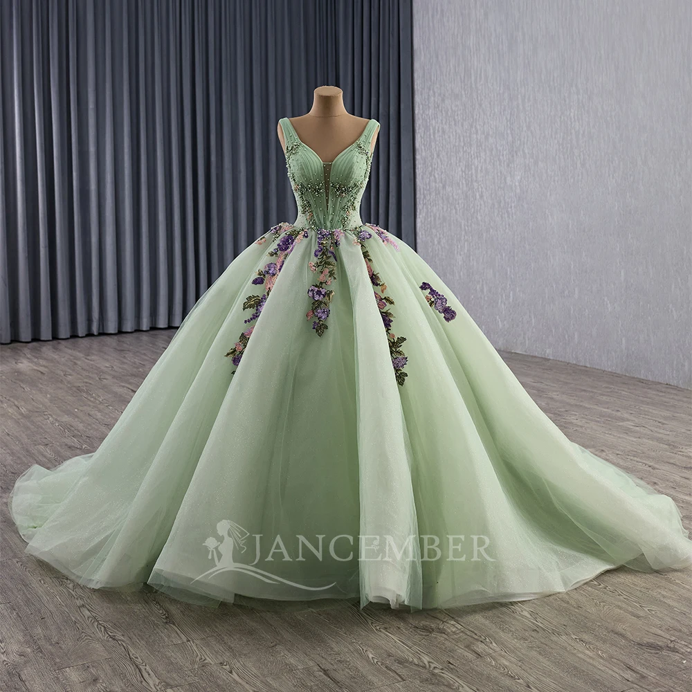 

Customized Green Ball Gown Quinnceanera Dresses Sleeveless Glitter Organza Corset Prom Party Dress Vestido De 15 Quinceañera