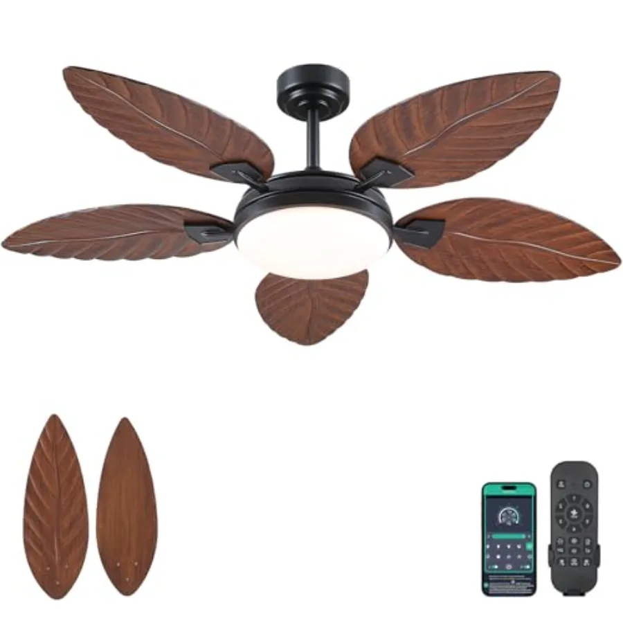 

Outdoor palm leaf ceiling fan for patios and porches, 52 inch, dark brown, dimmable light, 6 speeds, reversible, tropical style