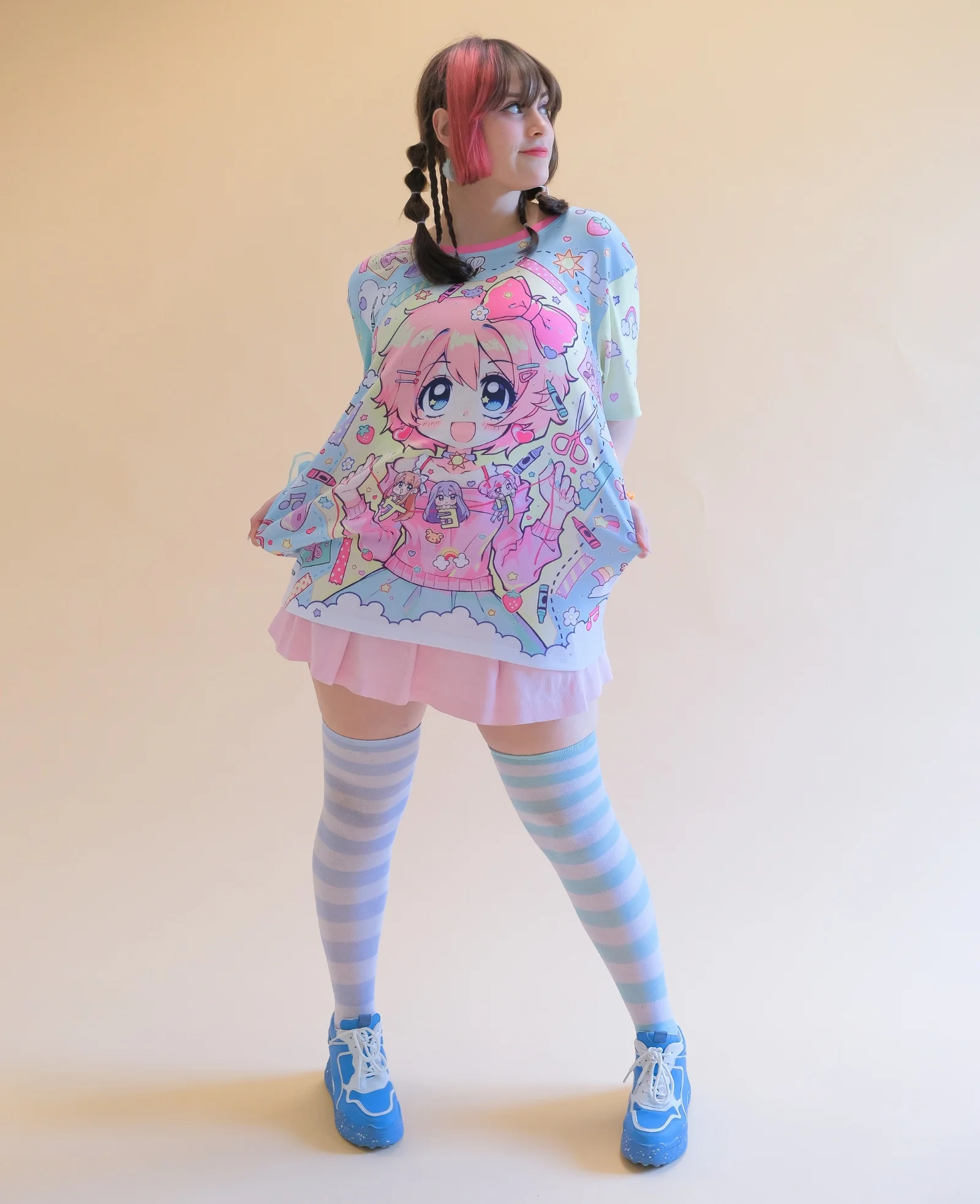 Harajuku Y2K Pink Bow Anime Girl T-shirt Full Print Washed Tape Scissors Pen Doll Asymmetric Contrast Sleeve Adult Children