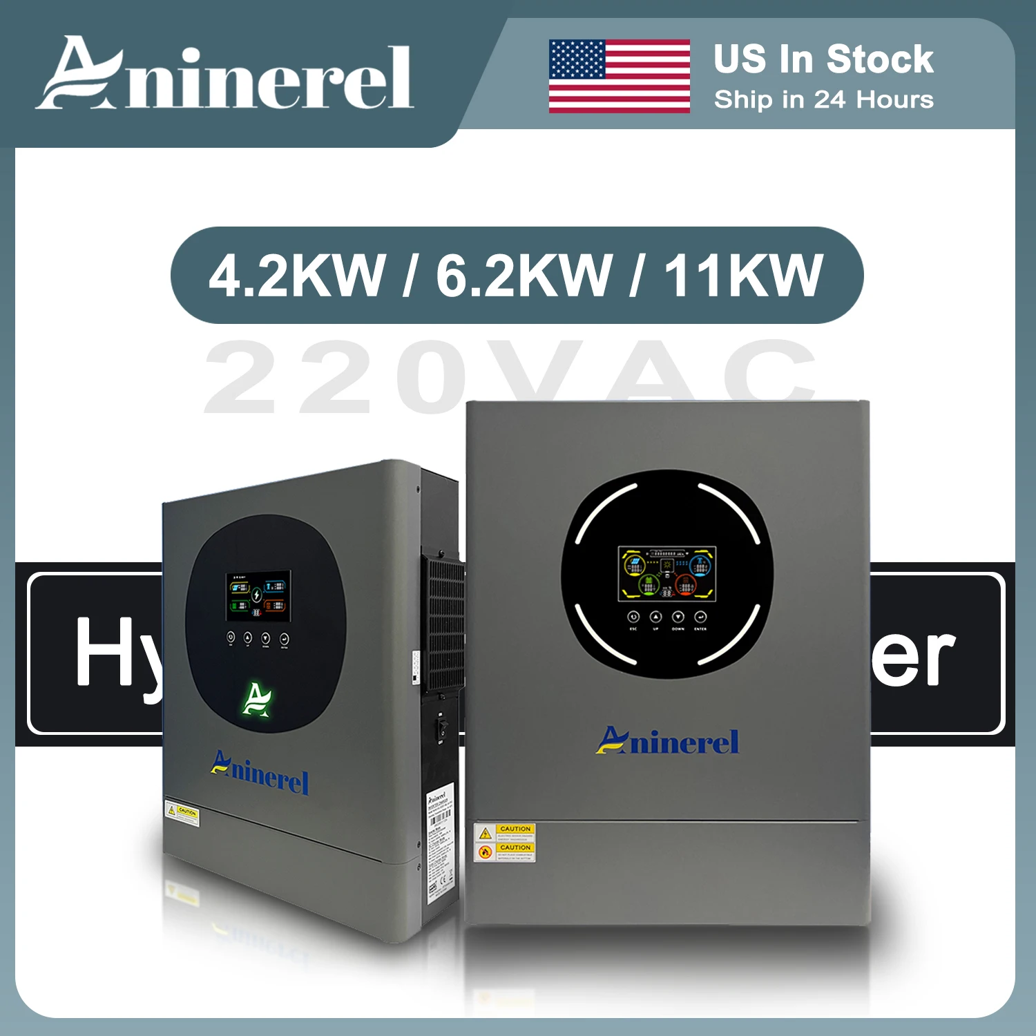 Aninerel 4.2KW 6.2KW 11KW Solar Inverter 220VAC 24V 48V On-Grid+Off-Grid Solar Inverter Pure Sine Wave Built-in MPPT Charger Controller US In Stock