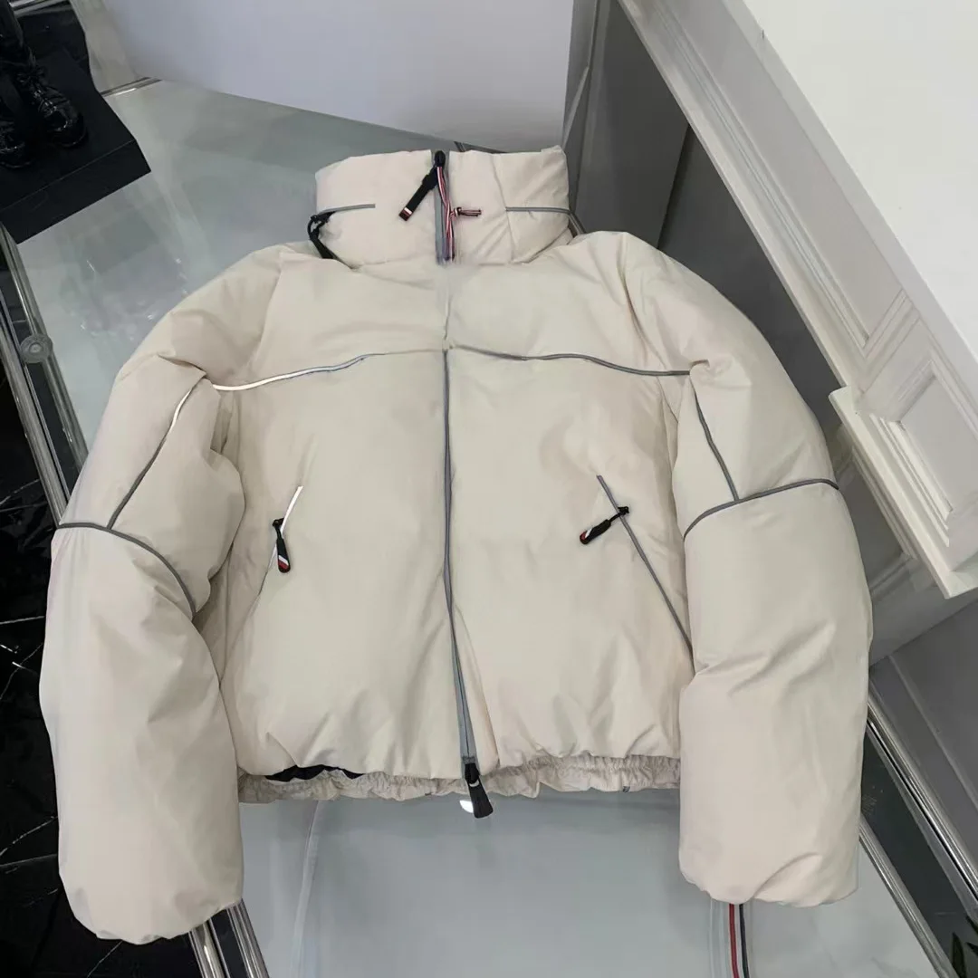 

Reflective Stand Collar Anti-Cold Double Layered Short White Goose down Snowboarding Jacket Street Style Warm Thickened Outer...
