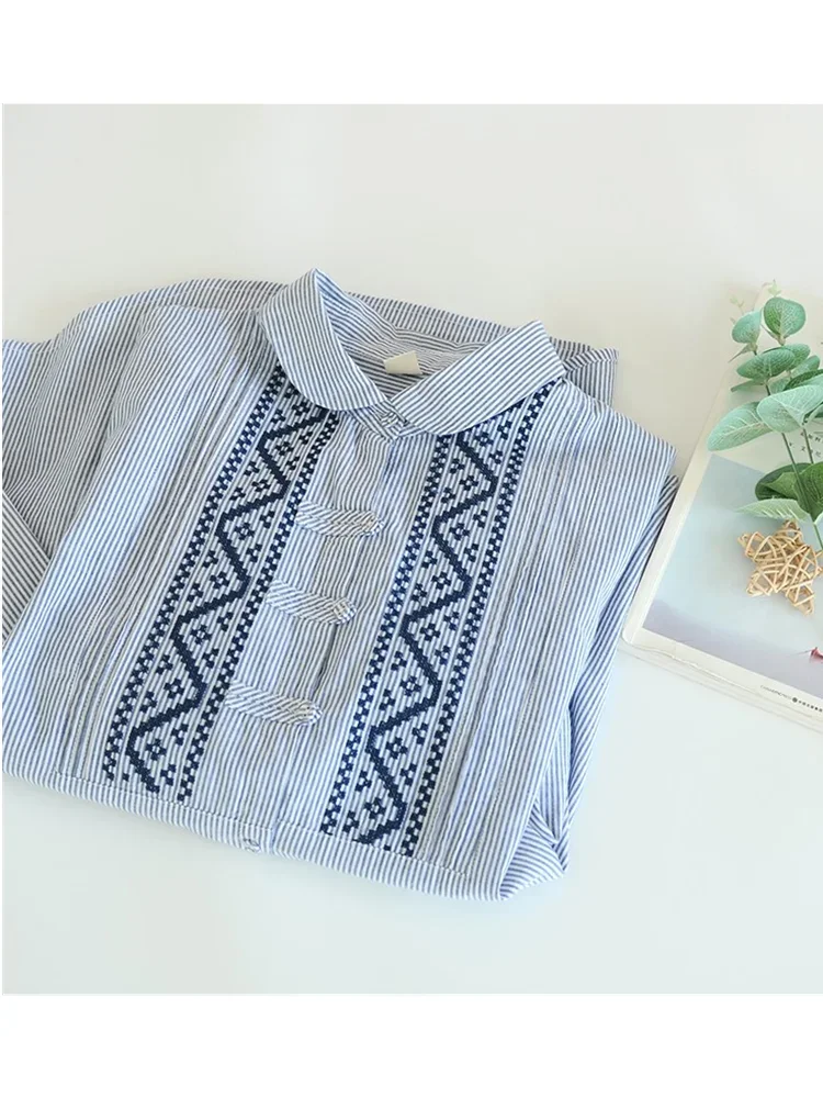 Retro Embroidery  Personalized Buttons Cotton Long Sleeve Striped Shirt Blouse