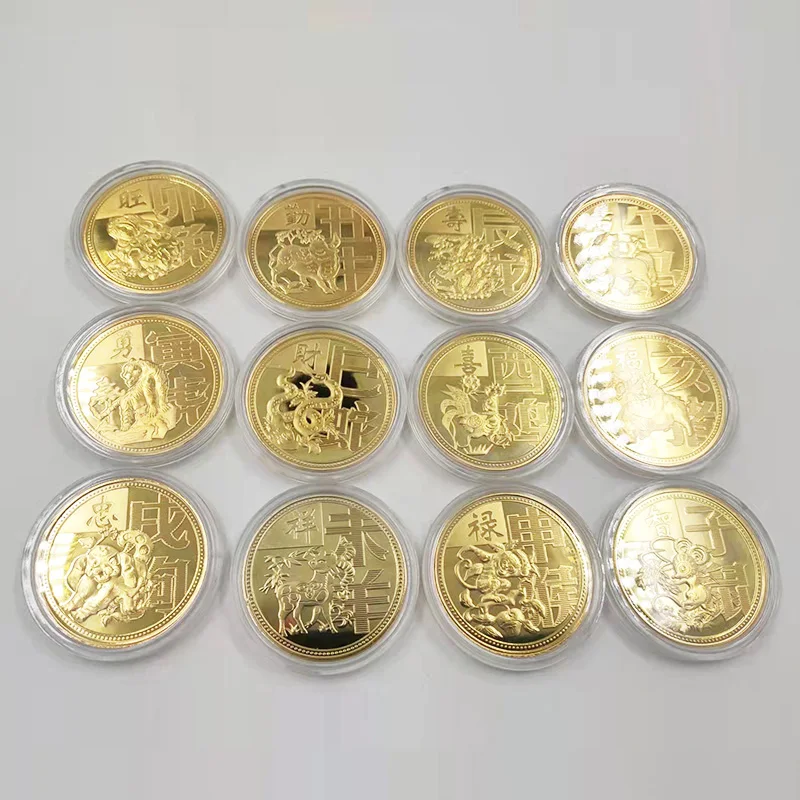 Moneda coleccionable chapada en oro de 12 animales para la suerte, conejo chino Feng Shui, dragón, serpiente, caballo, monedas conmemorativas de Año