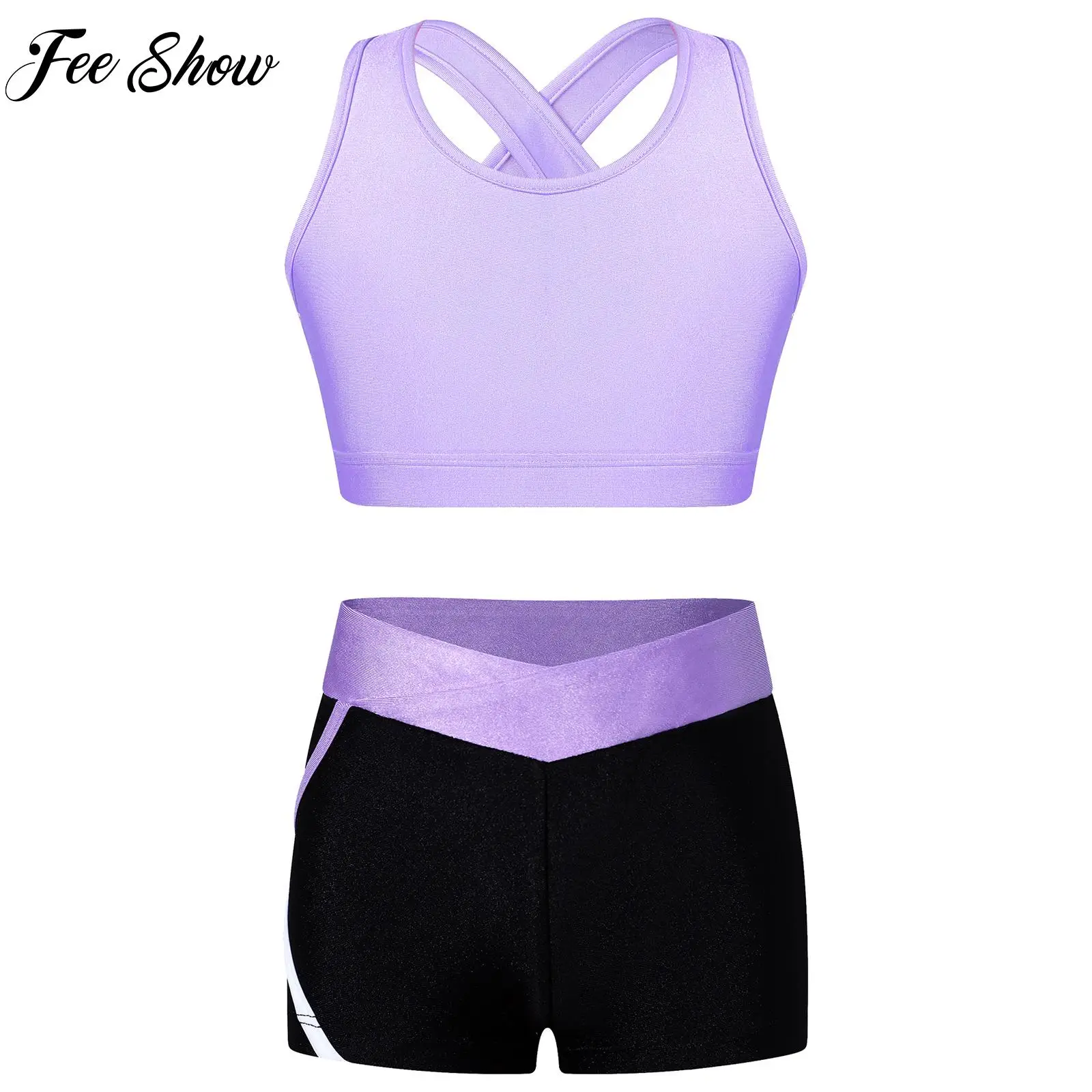 

Kids Girls Yoga Set U Neck Shoulder Straps Cross at Rear Crop Top with Elastic Side Striped Shorts for Running Gym Workout