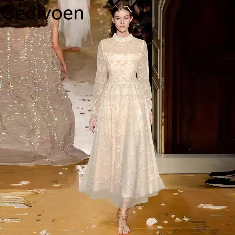 

Gedivoen Autumn Winter Women's Dress Stand Collar Mesh Sequins Vintage Party Ball Gown High Quality Pretty Dresses