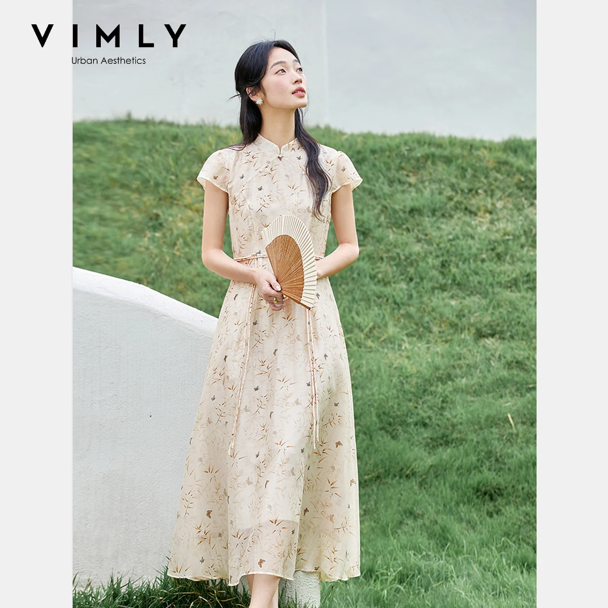 

VIMLY Midi Dresses Women's 2025 Mandarin Collar A-line Chinese Style Embroidered Flares Woman Floral Dress Ladies Clothing A1781