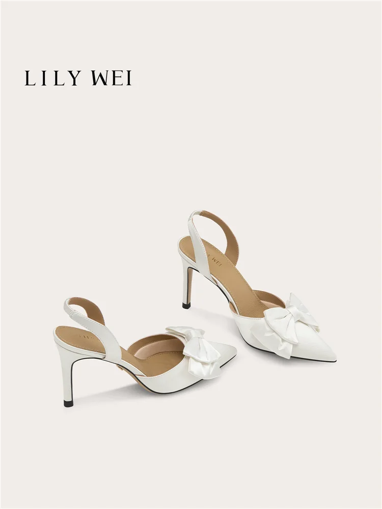 Summer new pointed white silk bow thin heels wedding shoes banquet dress large size small size widened high heels women's sandal