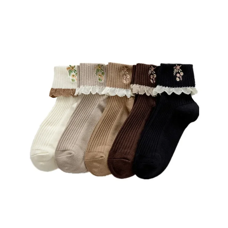 Japanese Kawaii Cute Socks JK Lolita Lace Frilly Ruffle Socks Women Fashion Flower Embroidery Harajuku Retro Vintage Crew Socks
