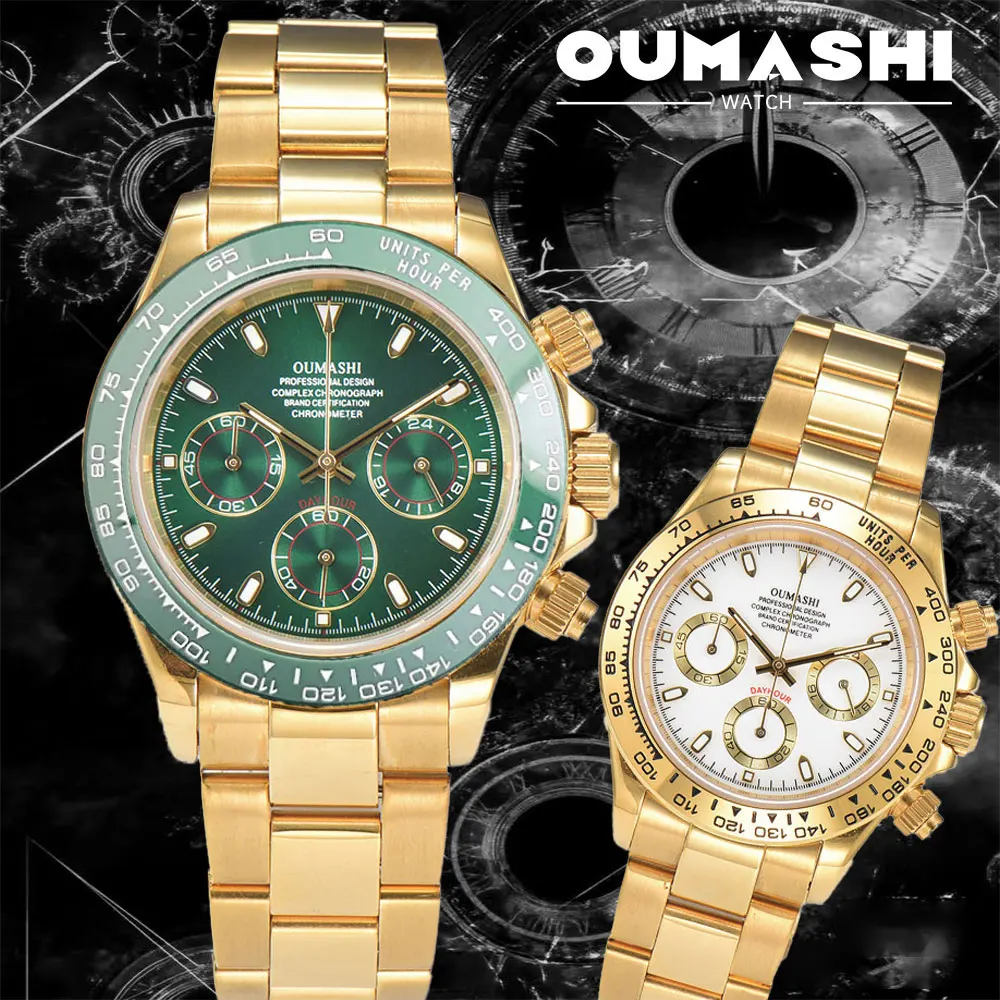 

39mm gold men's watch VK63 movement chronograph sapphire glass stainless steel strap luxury Business men's waterproof wristwatch