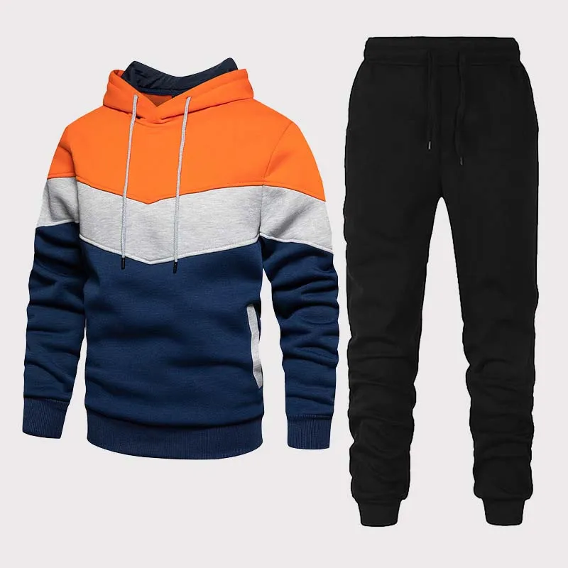 two-piece set Men's sports suit trendy casual autumn and winter splicing hooded sweatshirt sports pants