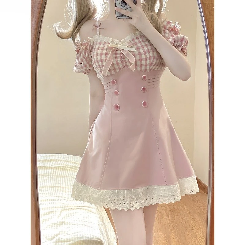 Sweet Pink Plaid Bow Princess Dress Women Sexy Slash Neck Lace Ruffle Party Mini Dresses Female Japanese Style Slim Lolita Dress