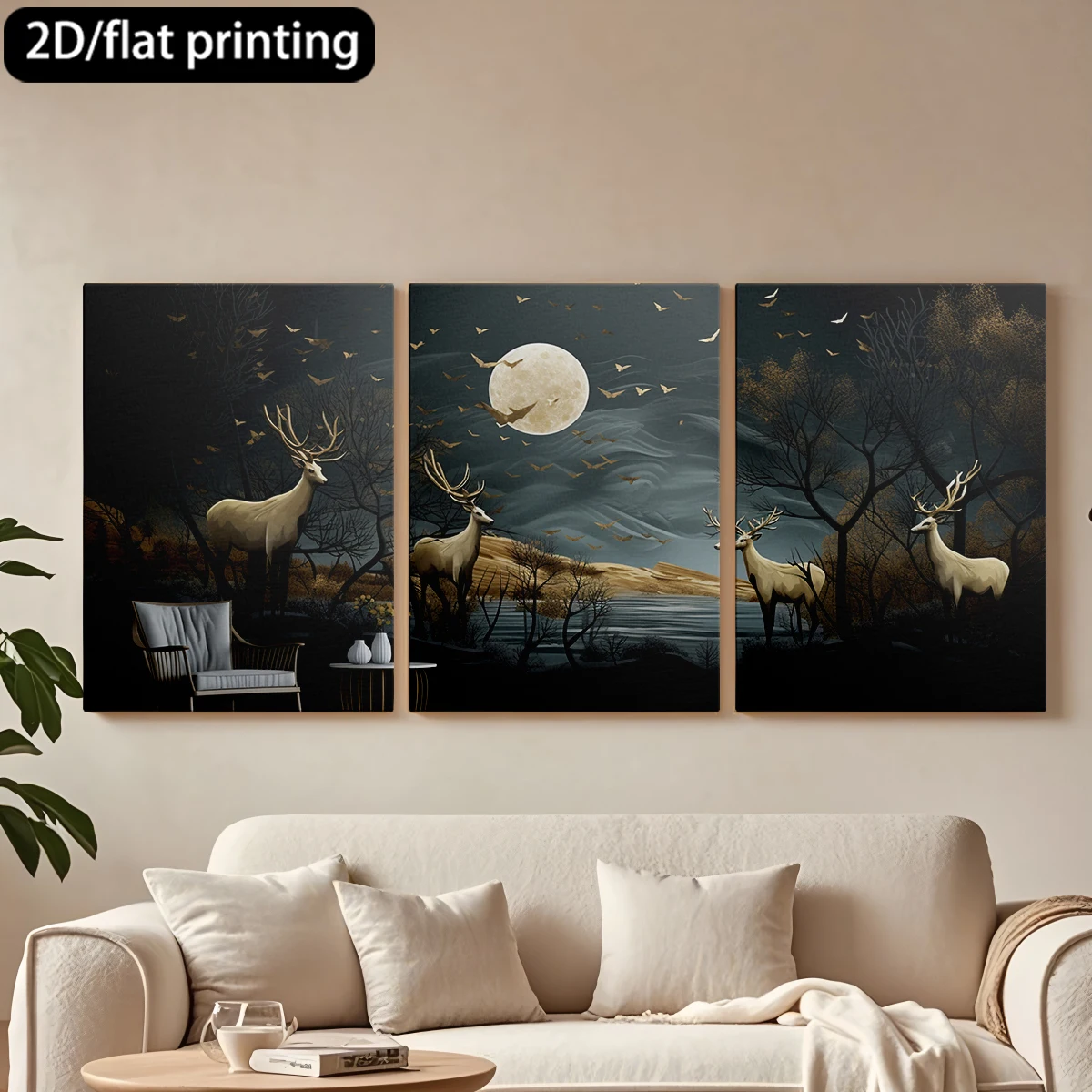 

Набор из 3 картин на холсте в деревянных рамах: Декоративная живопись «Сцена при лунном свете», «Величественный олень», «Вода». Декор для коридора и спальни.