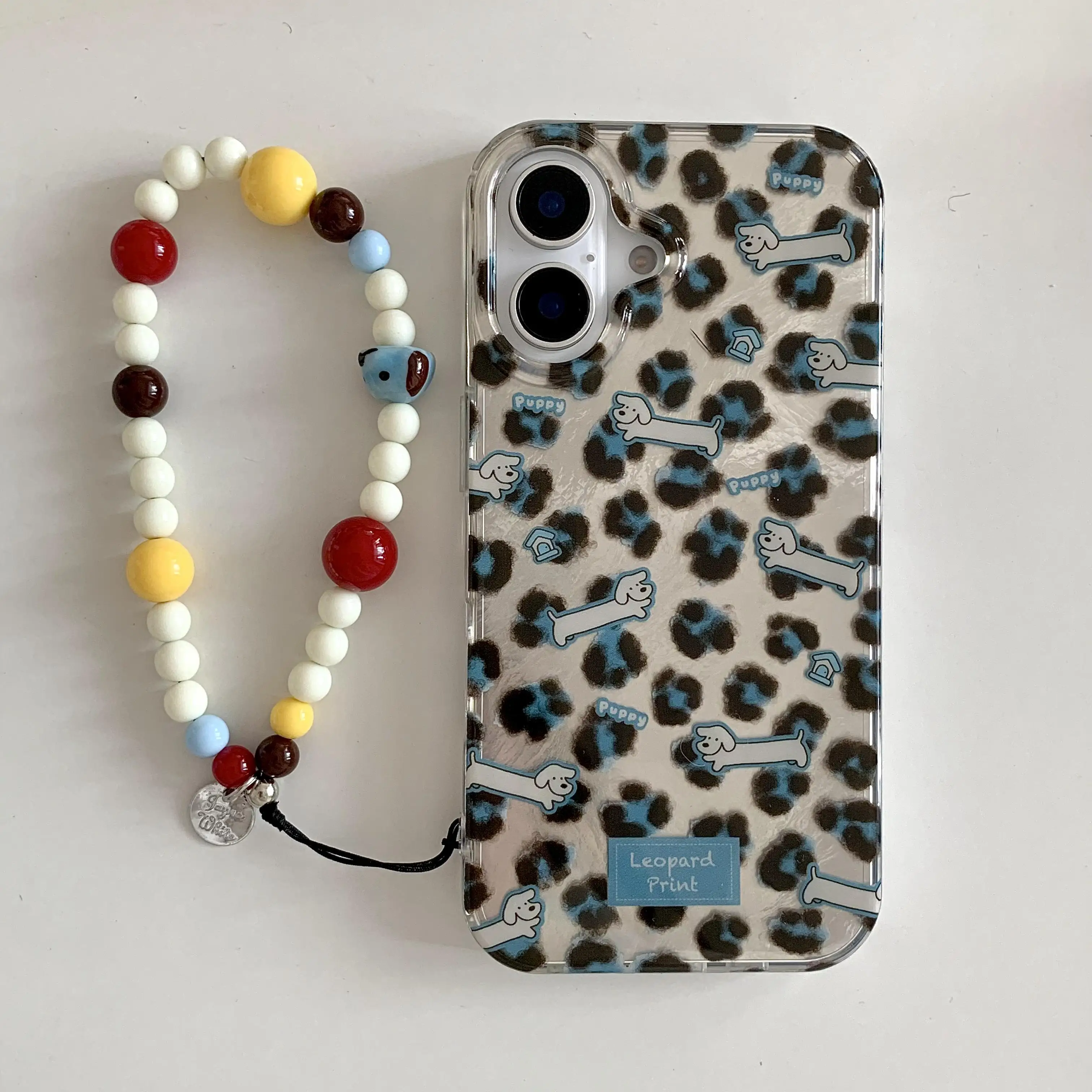 Korean INS Leopard Prints Dog Wrist Chain Double Layers Cartoon Phone Case for iPhone 16 15 14 13 Pro Max Back Phone Cover Capa