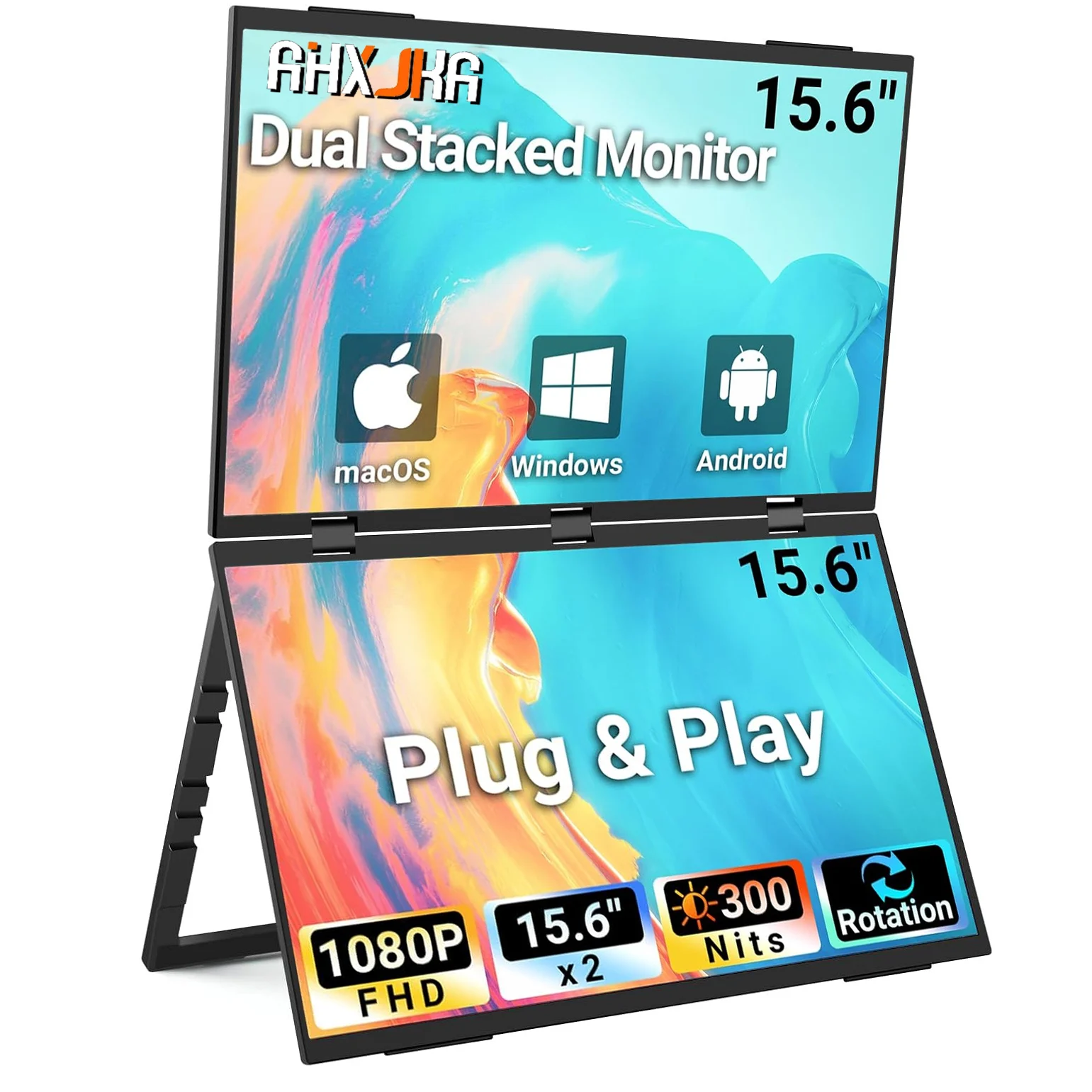 

AHXJKA двойной портативный монитор 15,6 дюйма FHD IPS складной штабелированный тройной удлинитель экрана ноутбука USB-C для путешествий расширенный компьютерный дисплей