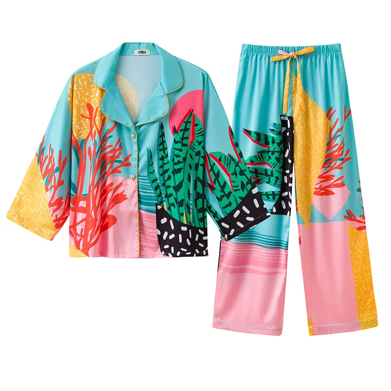 Novo conjunto de pijama feminino mão desenhada arte tropical plantas conjunto de pijama seda como pijamas roupa de casa longa roupa de dormir