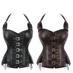 Black Brown Slimming Body Shapewear Women's Punk Rock Faux Leather Halter Corset Bustier Basques