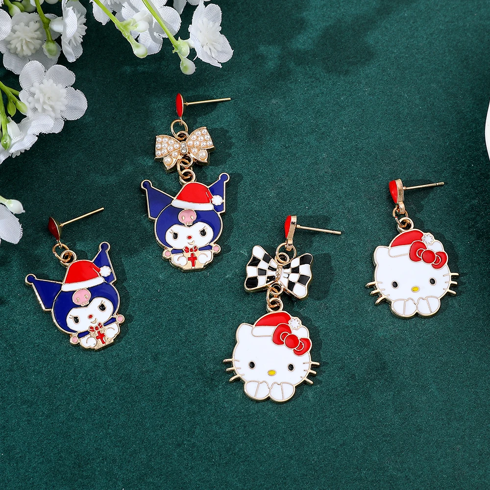 Anime Sanrio Earrings Cute Cartoon Figure Christmas Kuromi Hello Kitty Metal Badge Pendant Ear Drop Earrings Kawaii Jewelry