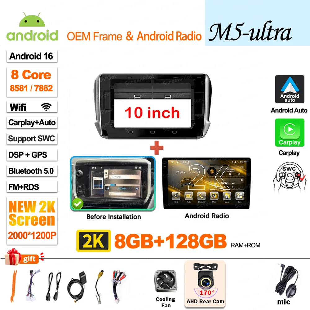 Autoradio Multimedia Speler Voor Peugeot 2008 208 2014-2018 Draadloze CarPlay Android 16 Auto Intelligente Systemen Autoraido gereedschap