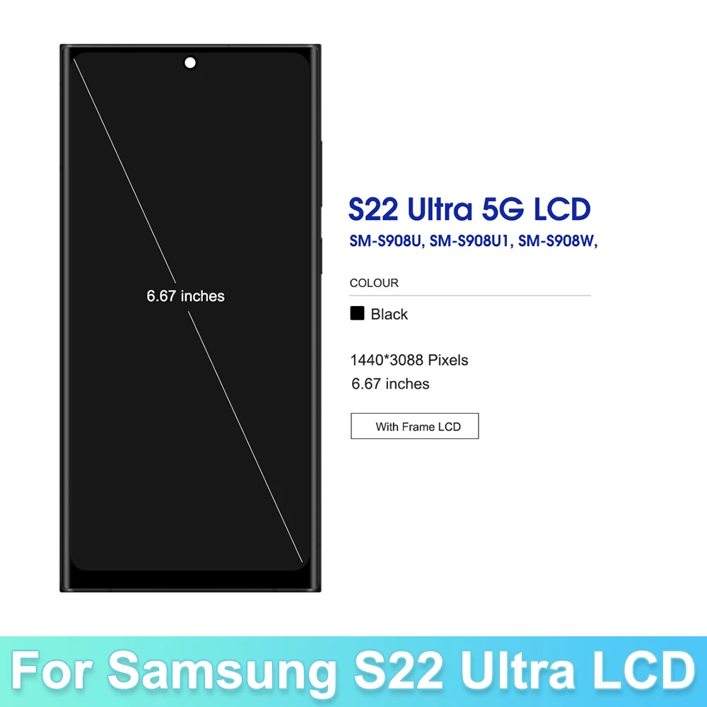 OLED S22 Ultra Screen Replacement For Samsung Galaxy S22 Ultra LCD Display S908 S908B S908U Touch Screen Assembly with Frame
