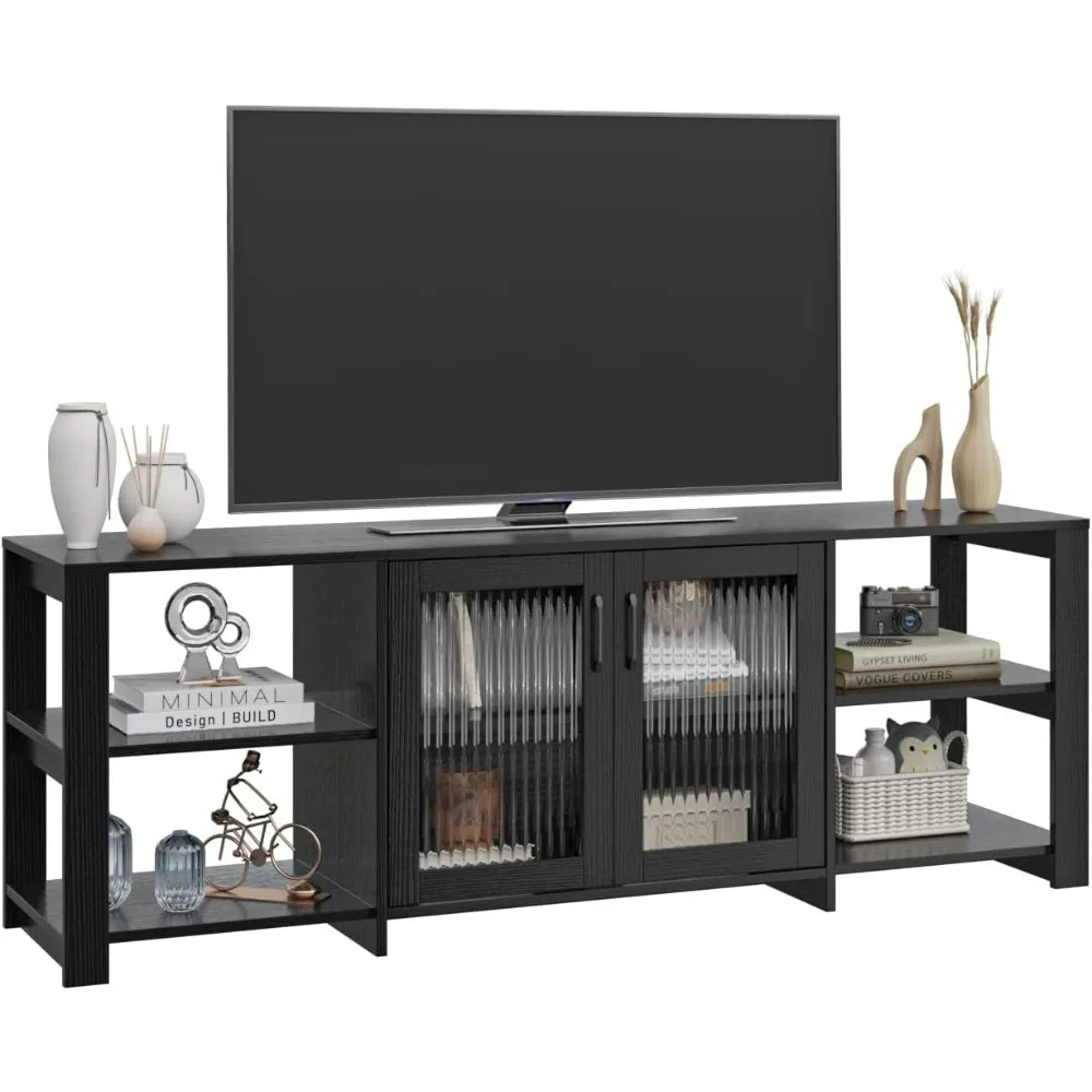 Panana TV Stand 70 inch TV Entertainment Center Console Table Storage Cabinets Media Console 2 Doors Open Shelves 4 Cubby