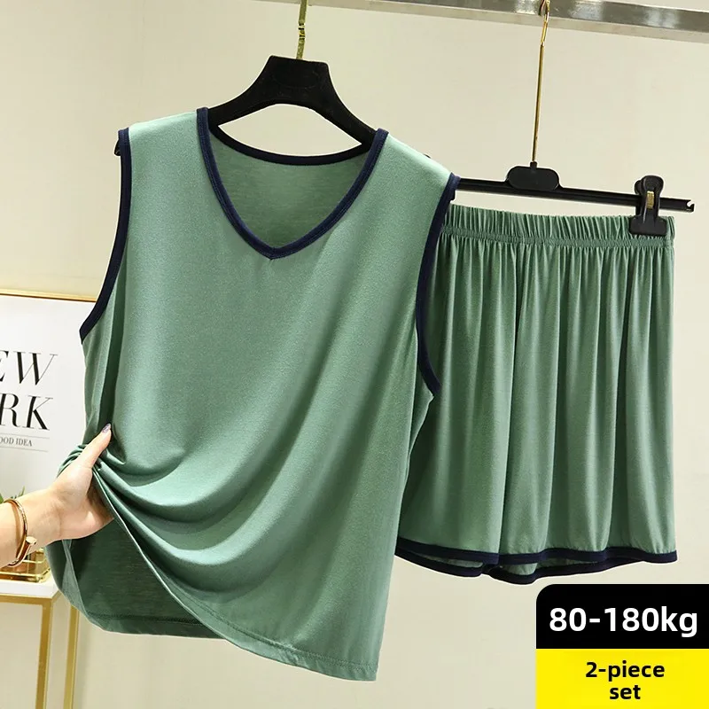 Conjunto de regata modal solta feminino verão tamanho grande spwear camada base fina alça irt orts conjunto de duas peças cor pura versátil