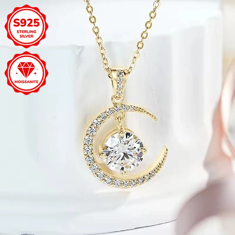1PC 0.5 Carat S925 Sliver Golden Moissanite Crescent Moon Design Necklace, Niche Design, The Perfect Choice for Lady Daily.