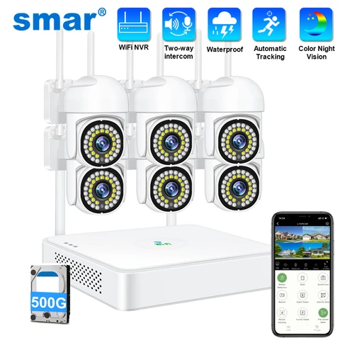 Sistema de Câmera de Segurança Sem Fio Smar 3MP PTZ Wifi para Vigilância Externa com Alarme e Conjunto de Visão Noturna 6CH NVR