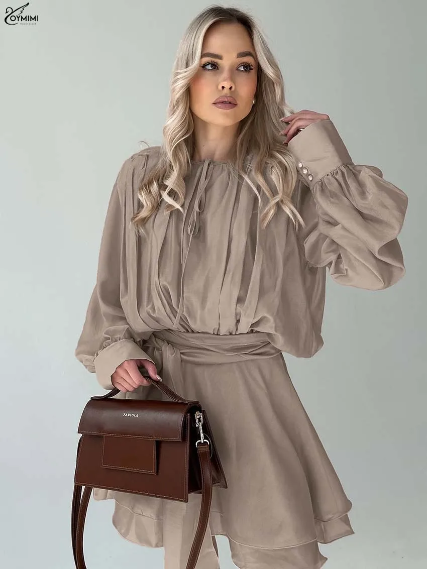 

Oymimi Casual Khaki Woman 2 Piece Set Outfit Elegant O-Neck Lace-Up Long Sleeve Tops And Lace-Up Pleated Mini Skirts Female Sets