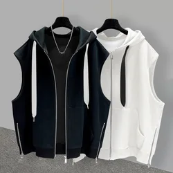 Men's Fashion Brand Hooded Zipper Vest Summer Outwear Trend Versatile Cool Solid Casual Sports Loose Oversized Top