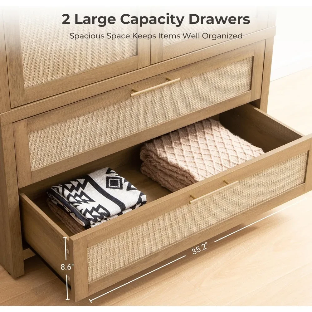 خزانة تخزين كبيرة لخزانة الملابس من الروطان بطول 71 طويلًا مع أبواب وأدراج وقضيب تعليق، منظم على الطراز البوهيمي