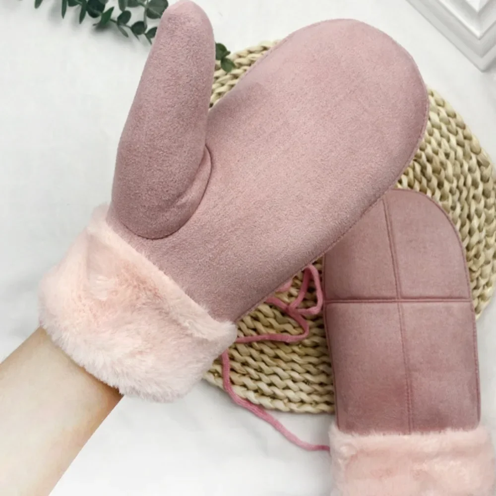 1 Pair Winter Velvet Thickened Warm Cold-proof Imitation Suede Cute Student Bag Finger Mittens  Haltered Neck Outdoor Cycling