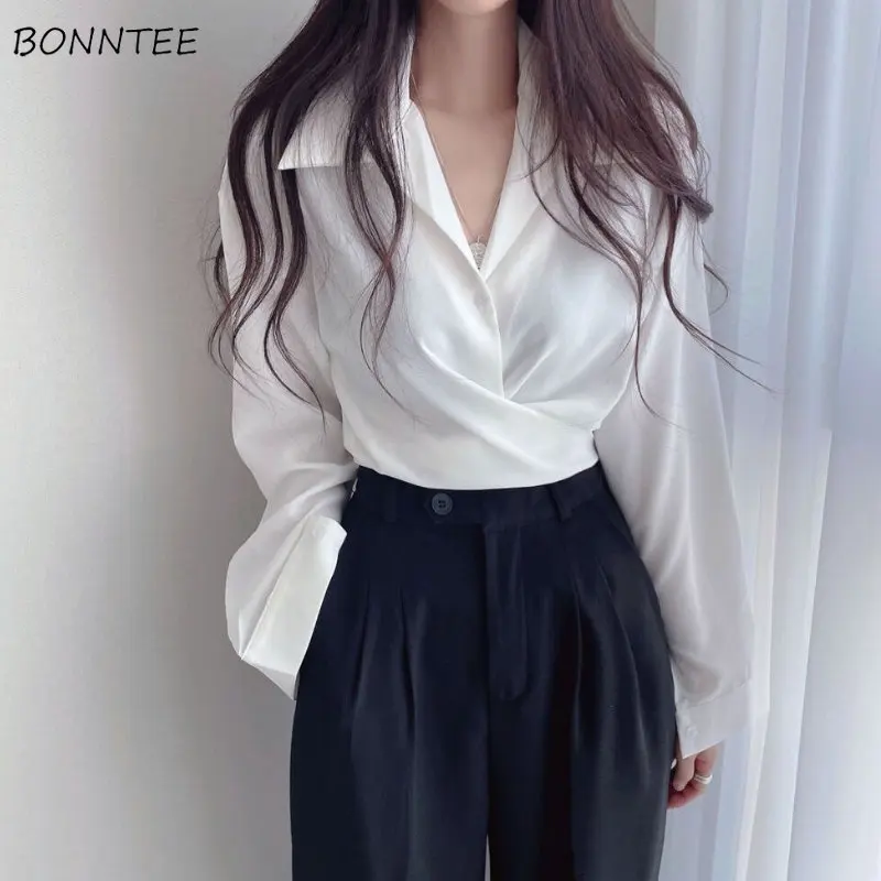 White Shirts Women Spring Korean Style Temperament Pure Chic Design Tops Lace-up Lapel New Office Lady All-match Popular Daily