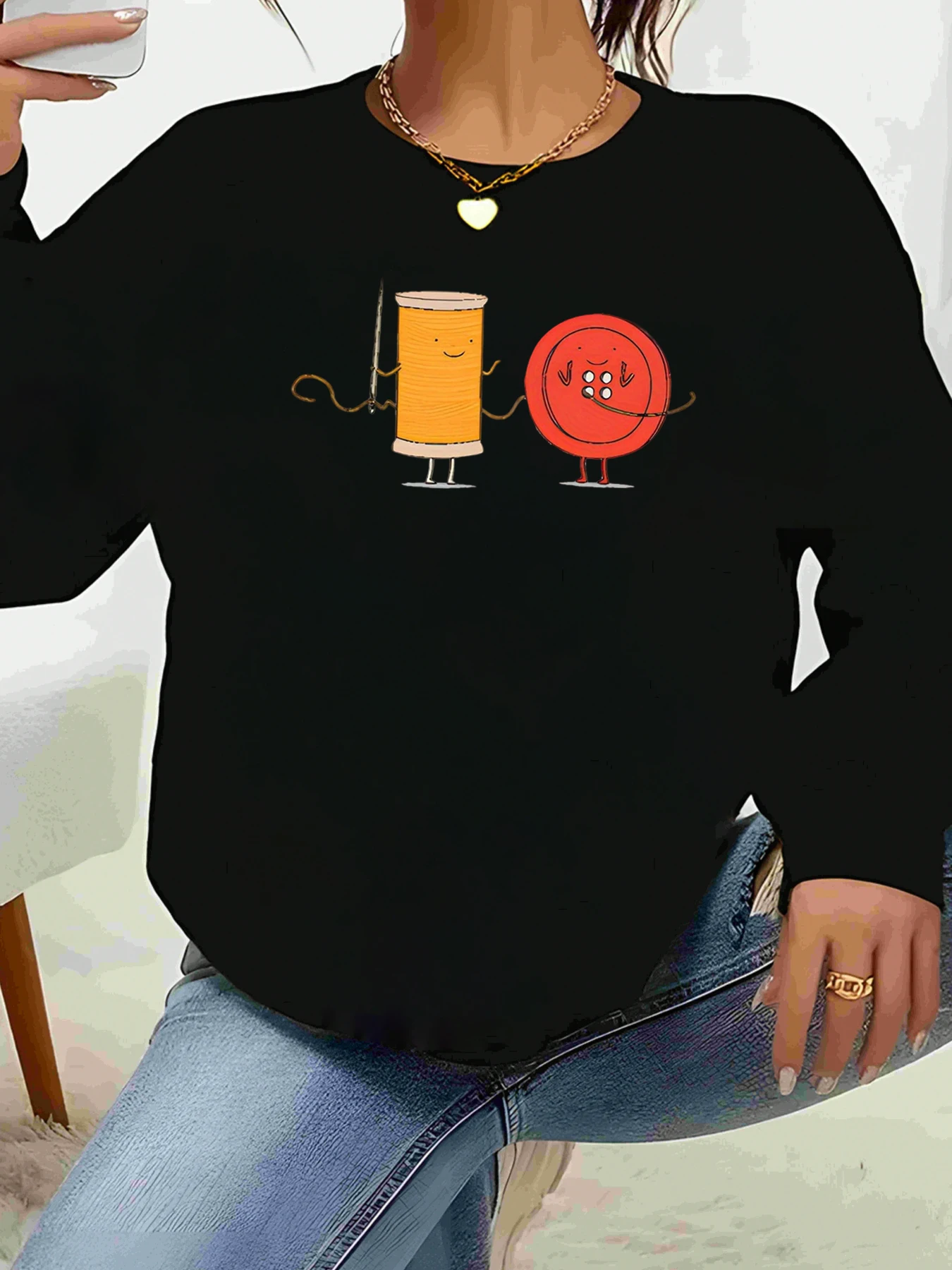 

Швейная нить и пуговицы с принтом, топ с длинными рукавами, повседневная одежда на Хэллоуин, женская одежда