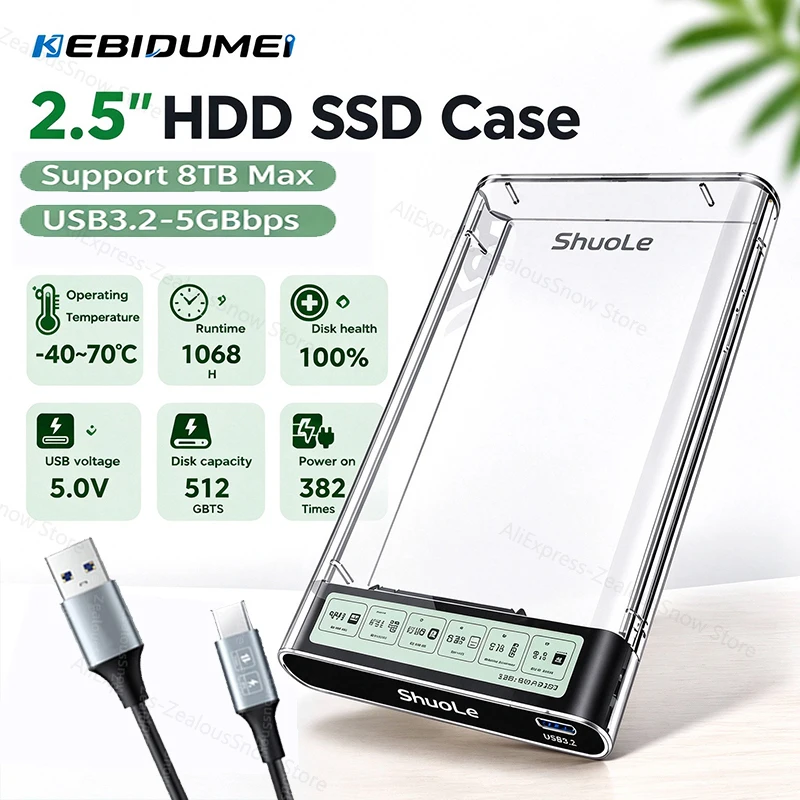 KEBIDUMEI USB3.2 HDD Enclosure 2.5 inch HDD SSD External Hard Drive Case with Display Screen Clear Portable Storage Case for PC