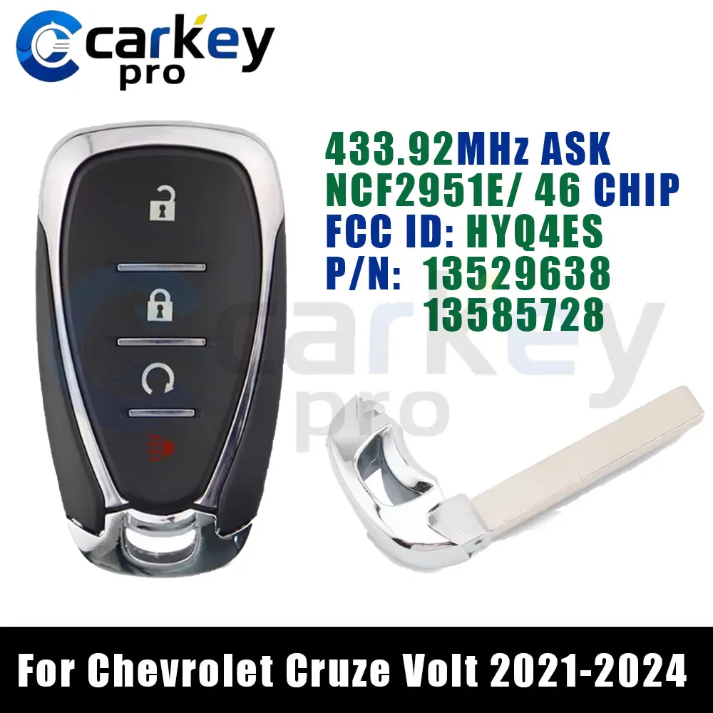 Carkeypro 3 + 1 botones llave inteligente 433 MHz NCF2951E HITAG 2 46 Chip HYQ4ES 13529638 13585728 para Chevrolet Cruze Volt 2021-2024