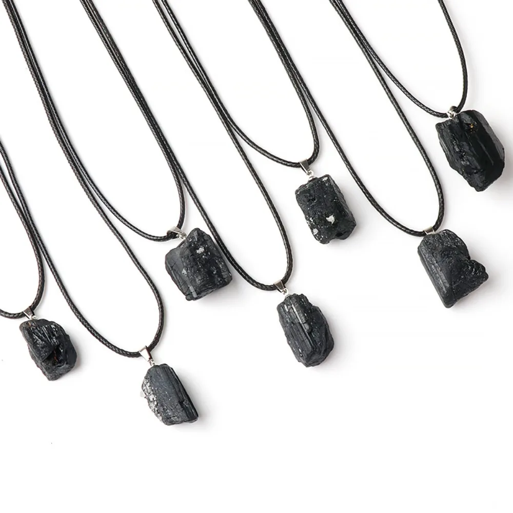 

Raw Black Tourmaline Obsidian Pendant Necklace, Natural Stone Healing Crystal Jewelry for Men Women