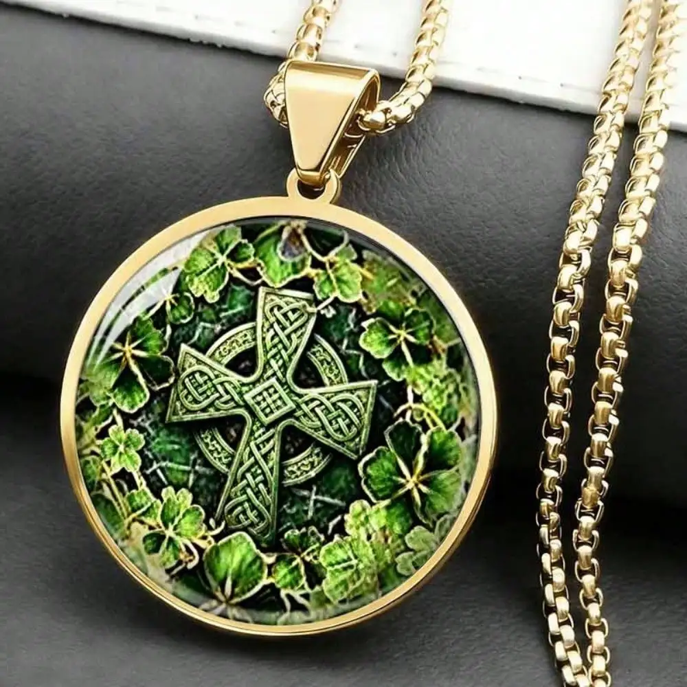 Celtic Cross Shamrock Pendant Necklace Jewelry, Stainless Steel, Irish Knot & Clover Art Round Time Gemstone Necklace For Men & Women