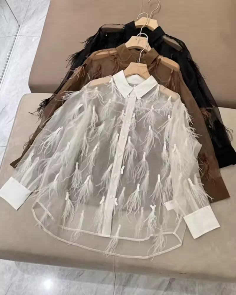 High Quality 2025 Summer Women's Shirt Silk Feather Beaded Transparent Long Sleeve Blouse