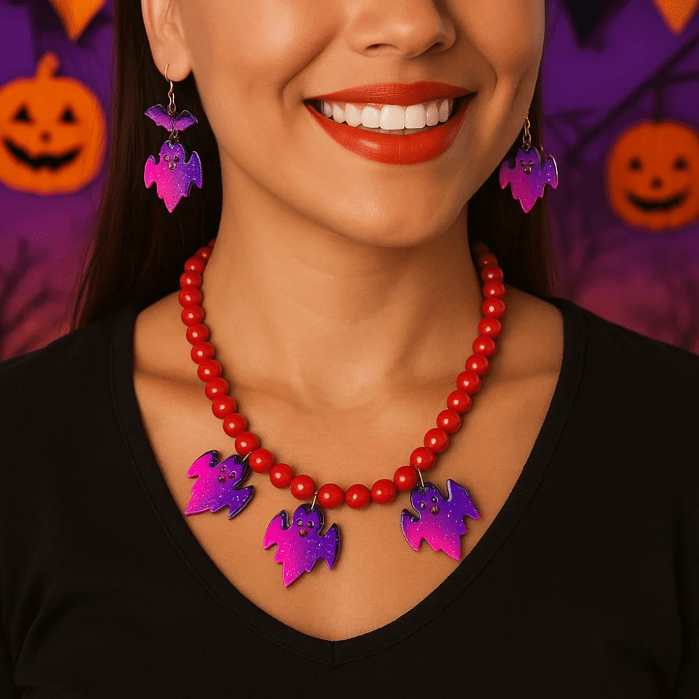 Acrylic Halloween Jewelry Sets Beaded Adjustable Bat Ghost Jewelry Sets Aesthetic Handmade Choker Necklace Earring Set