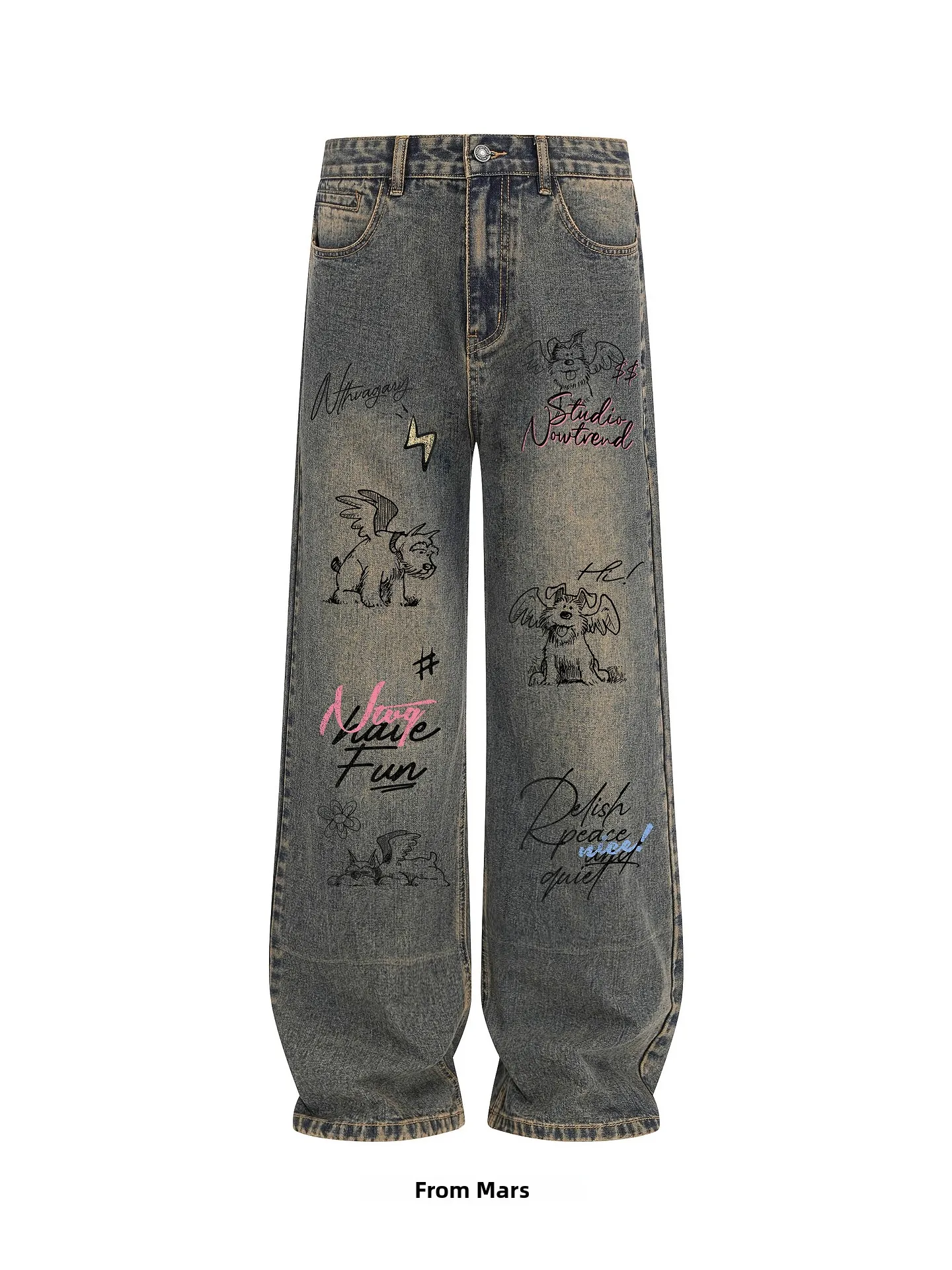 

Versatile Casual Retro American Print Loose Fit Men's Women's Jeans from Happy Moment All-Match Cotton Polyester Blend